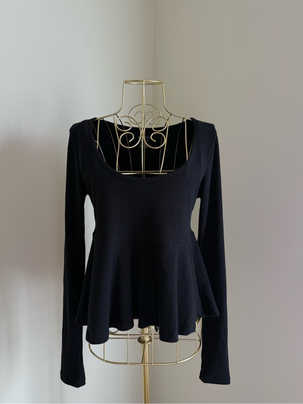 American Eagle Outfitters Black Ribbed Long-Sleeve Peplum Top
